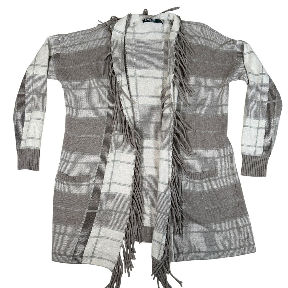 Lauren Ralph Lauren XL Plaid Fringe tan Open Front Cardigan Wool Cashmere Blend